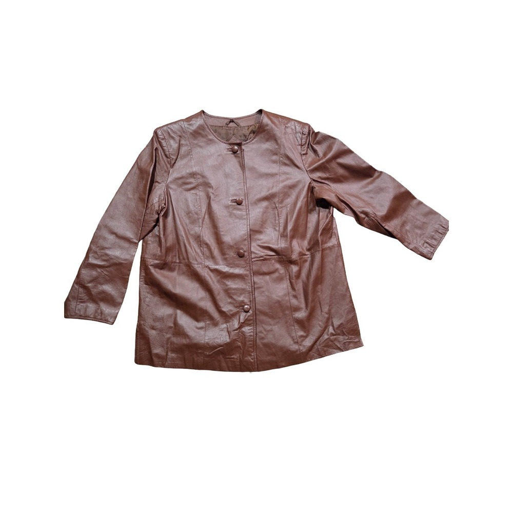VTG Roamans Brown Leather Jacket Womens Plus Size 16W Collarless Button Front